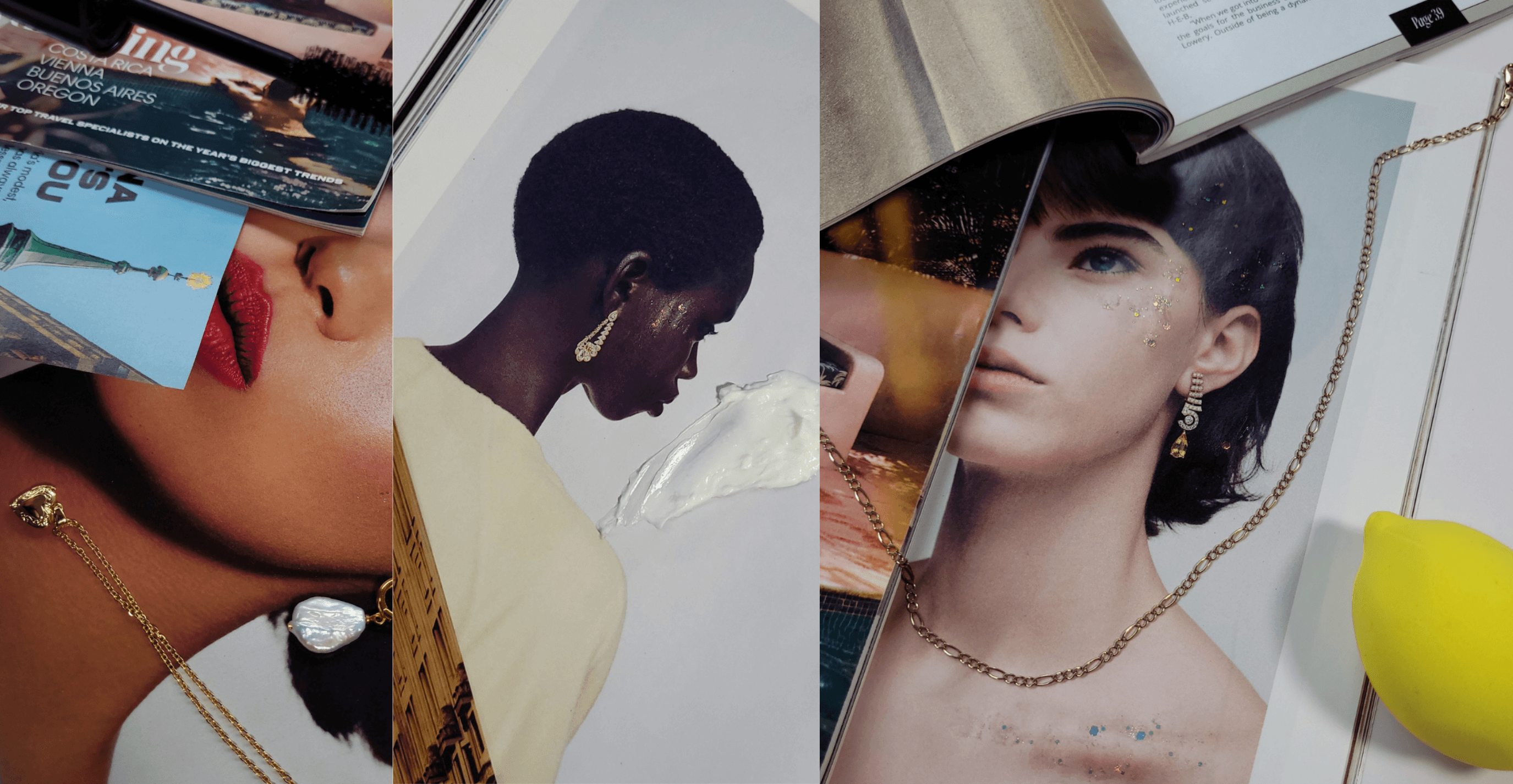 Collage of jewelry ads with women wearing earrings and necklaces.