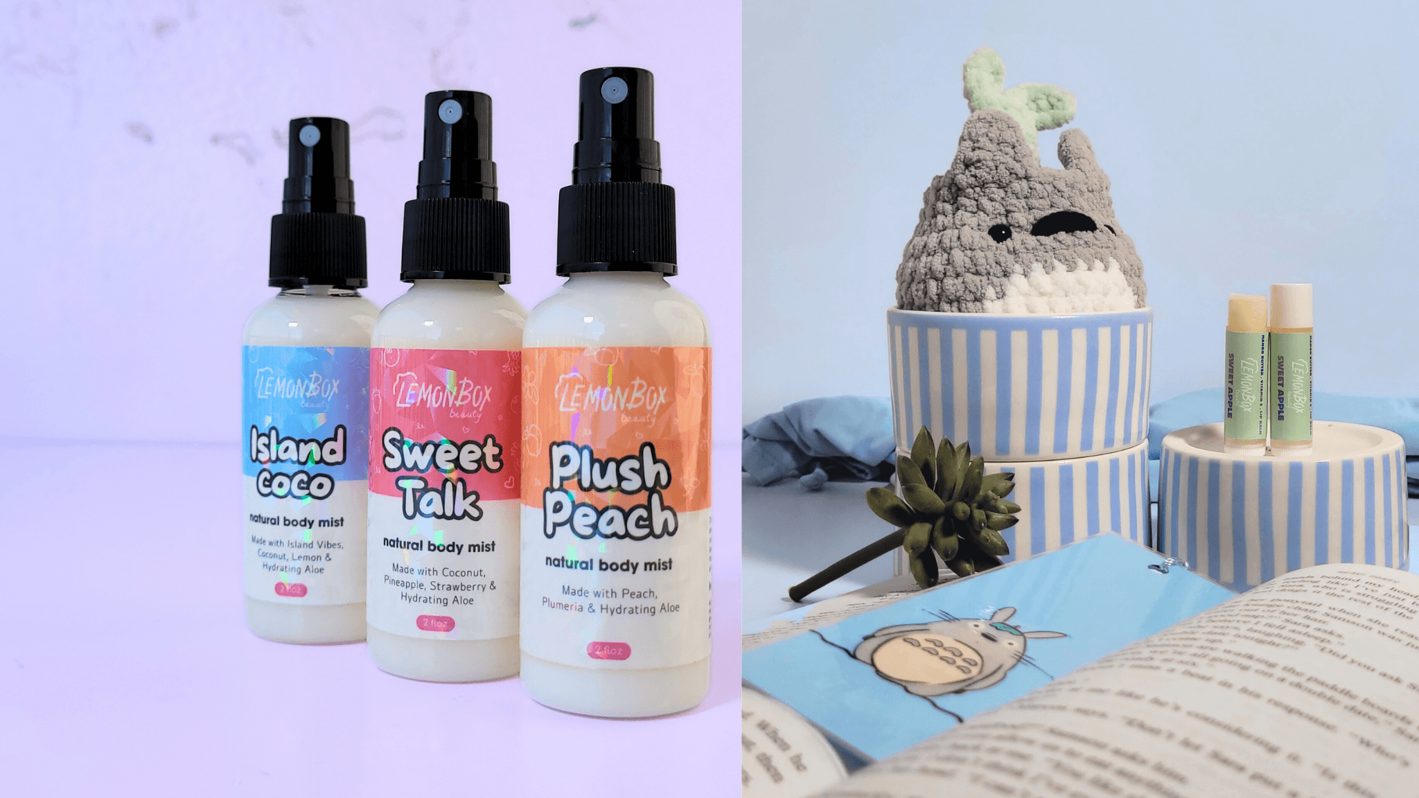 Three bottles of Island Coco body mist with a plush toy and stationery items on a light blue background.