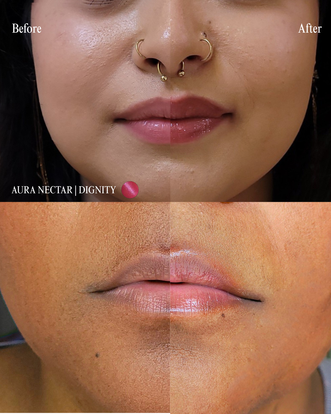 A split-screen beauty graphic showcasing two different models' lips before and after applying Aura Nectar lip gloss in the shade 'Dignity'. The left sides show natural lips, while the right sides reveal a high-shine, glossy pinkish, berry purple finish. Text on screen reads 'AURA NECTAR