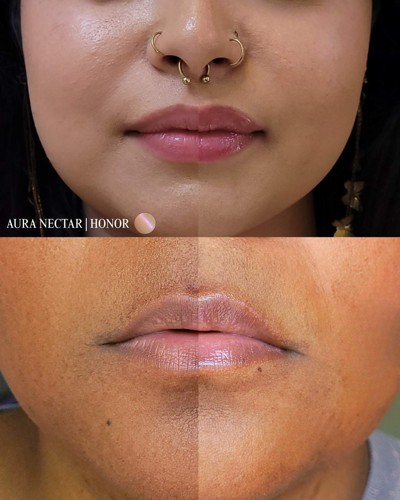 A split-screen beauty graphic showcasing two different models' lips before and after applying Aura Nectar lip gloss in the shade 'Dignity'. The left sides show natural lips, while the right sides reveal a high-shine, glossy pinkish finish. Text on screen reads 'AURA NECTAR
