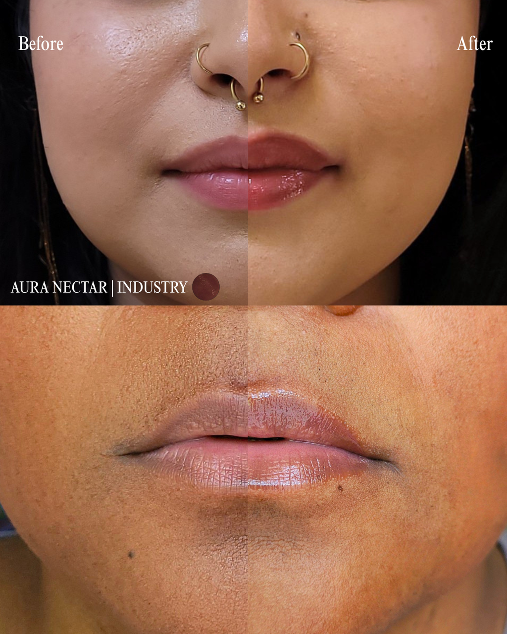 A split-screen beauty graphic showcasing two different models' lips before and after applying Aura Nectar lip gloss in the shade 'Dignity'. The left sides show natural lips, while the right sides reveal a high-shine, glossy deep brown and purple undertone finish. Text on screen reads 'AURA NECTAR