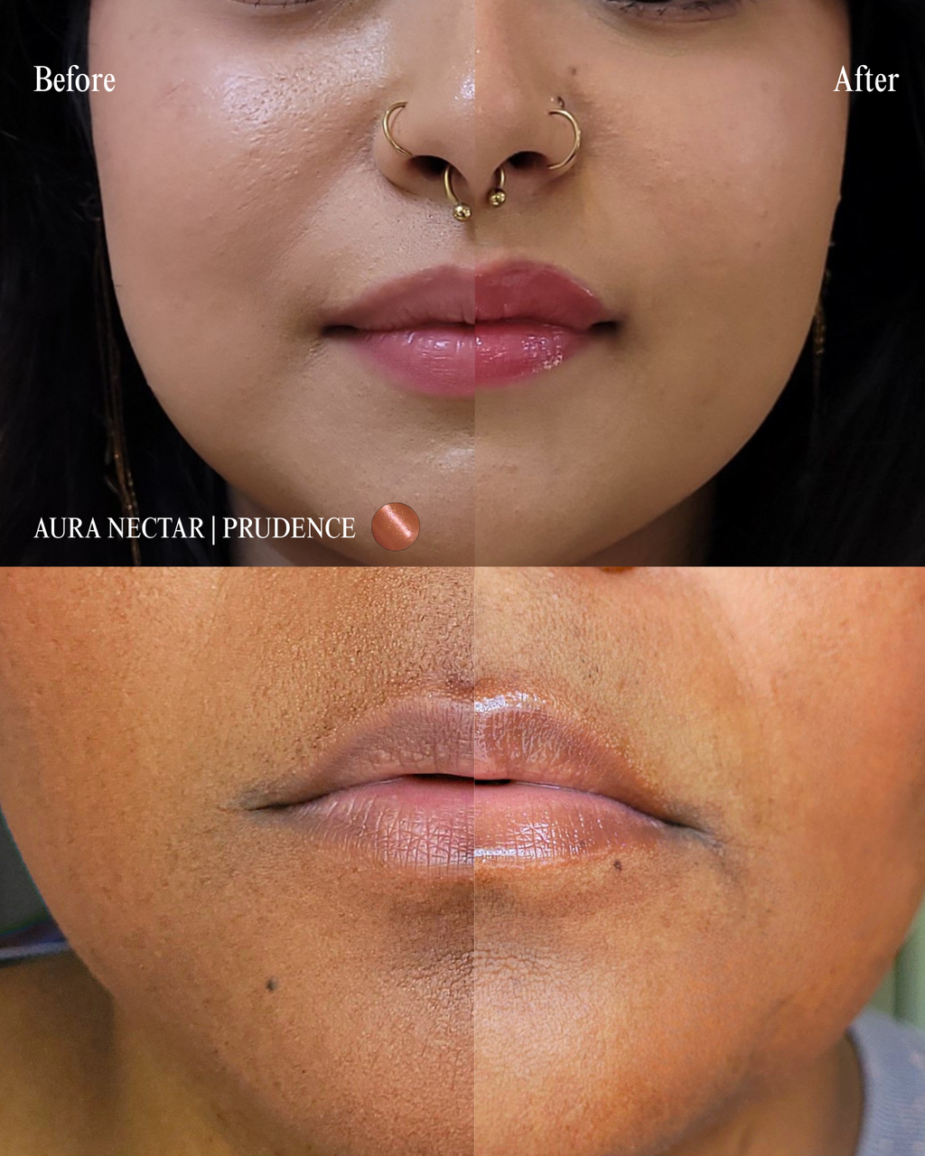 A split-screen beauty graphic showcasing two different models' lips before and after applying Aura Nectar lip gloss in the shade 'Dignity'. The left sides show natural lips, while the right sides reveal a high-shine, glossy bronzy finish. Text on screen reads 'AURA NECTAR