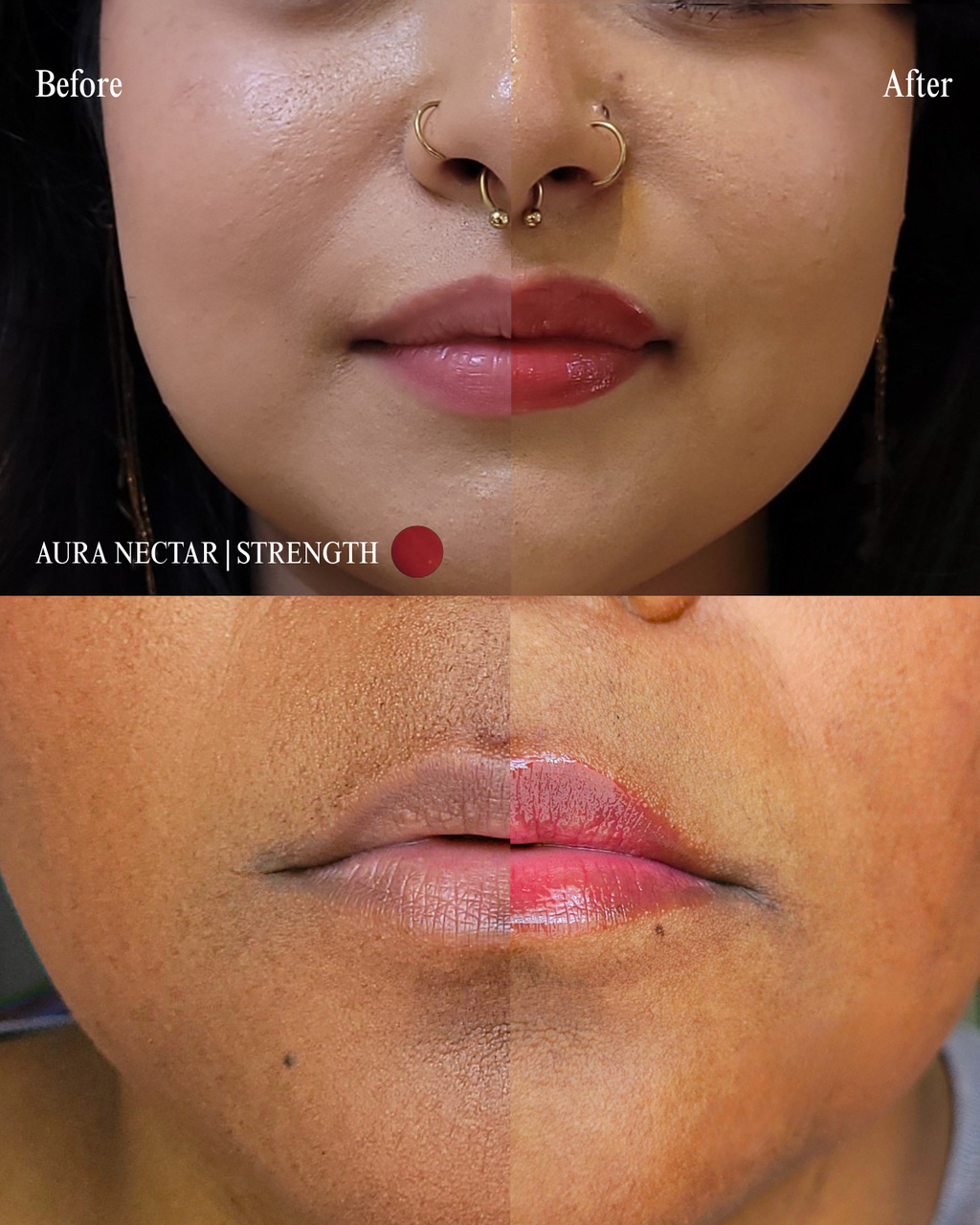 A split-screen beauty graphic showcasing two different models' lips before and after applying Aura Nectar lip gloss in the shade 'Dignity'. The left sides show natural lips, while the right sides reveal a high-shine, glossy red finish. Text on screen reads 'AURA NECTAR