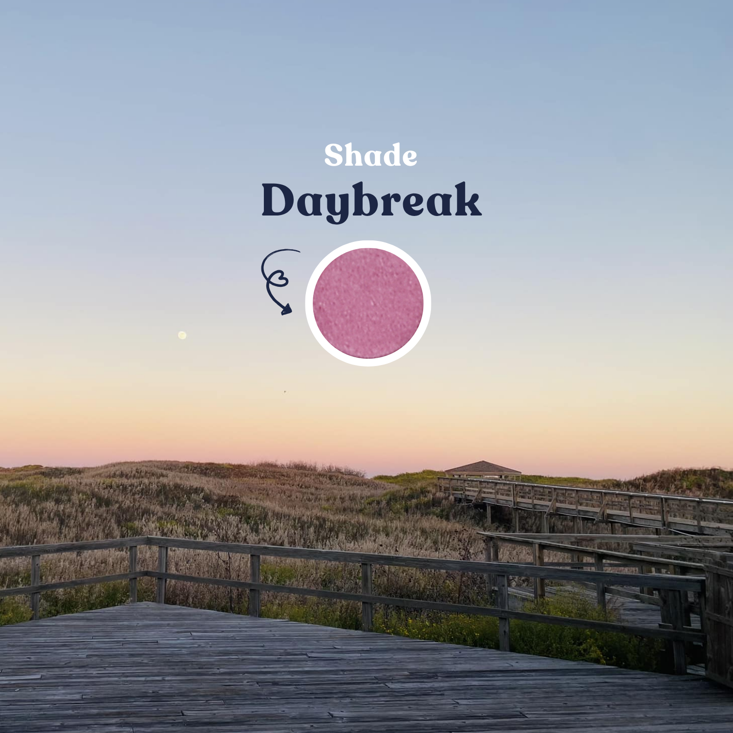 Sunset over a coastal landscape with a wooden deck and the text 'Shade Daybreak' on a pink circle.