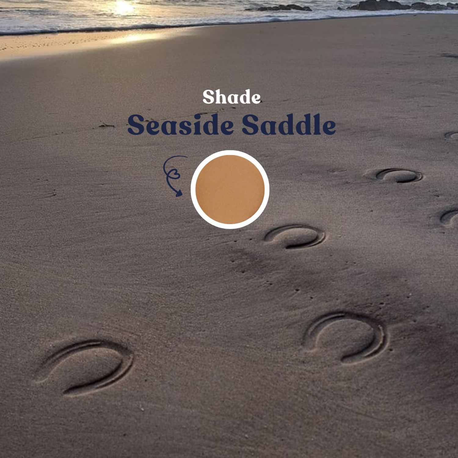 Beige color swatch on sand with 'Shade Seaside Saddle' text