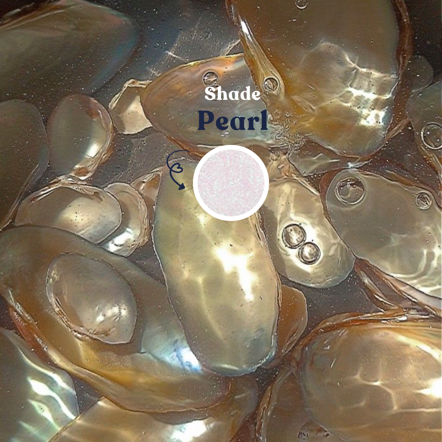 Close-up of pearls with a labeled 'Shade Pearl' on a reflective surface.