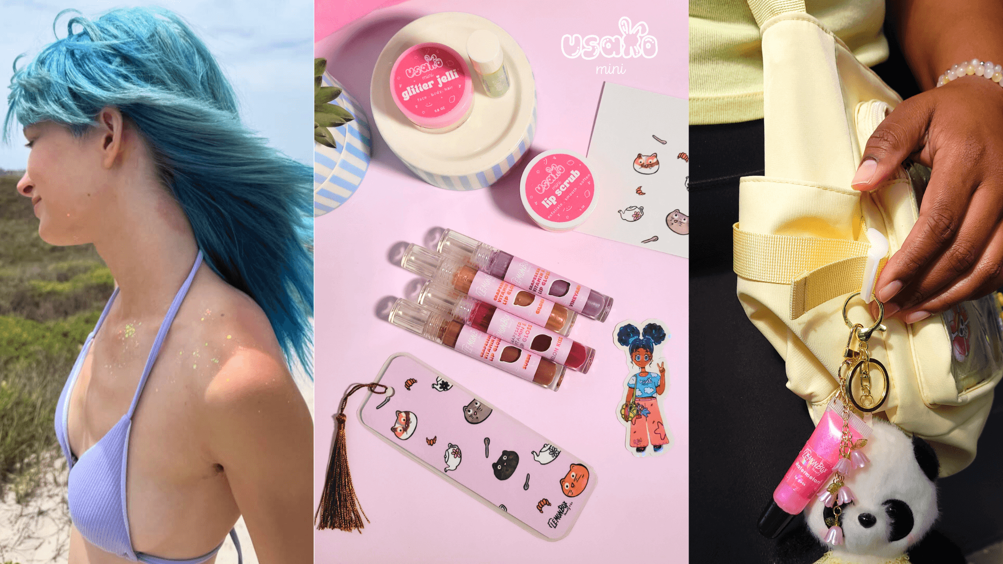 Collage of a person with blue hair, a makeup set, and a gift with a bow.