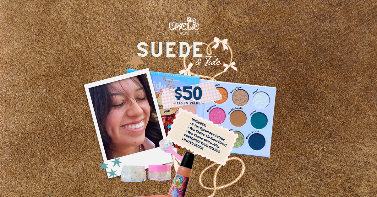 A promotional collage on a brown textured background featuring the text 'SUEDE & TIDE' and a 'wocod' logo. The layout includes a smiling woman's photo, a $50 gift card, a makeup palette with multiple eyeshadow shades, a lip product, and small cosmetic jars, all arranged as a styled graphic.