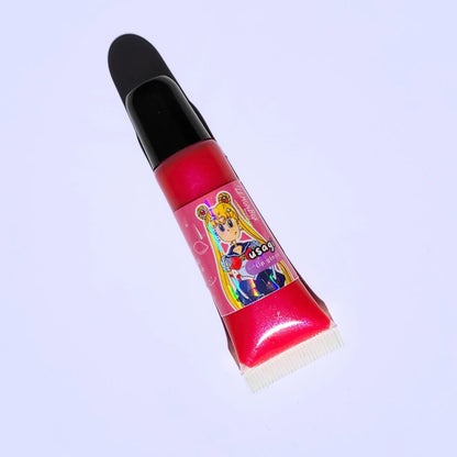 Lemon Box Beauty Usagi Sailor Moon Anime Shine Lip Gloss - shimmering hot pink vegan lip oil in a squeeze tube with custom Usagi Tsukino character artwork