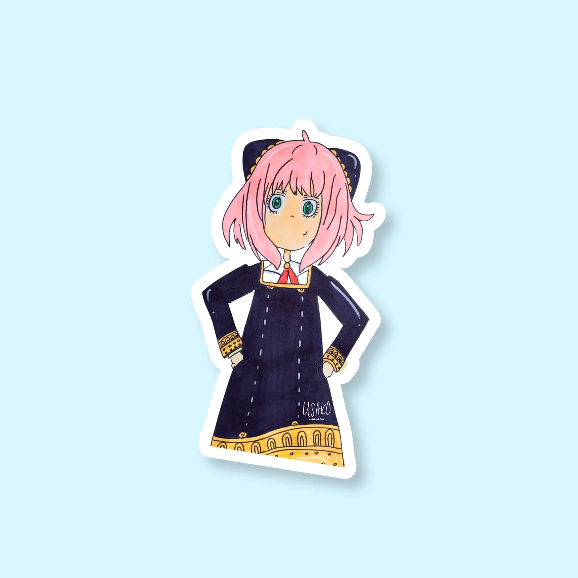 Sticker of Anya from Spy X Family with pink hair and a black and gold uniform on a light blue background