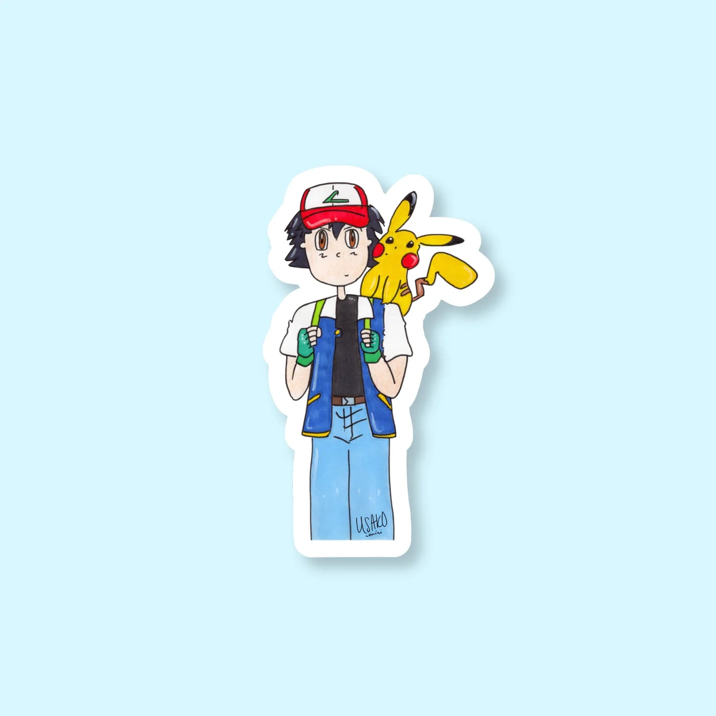 Sticker of Ash Ketchum from Pokémon holding a yellow Pikachu on a light blue background