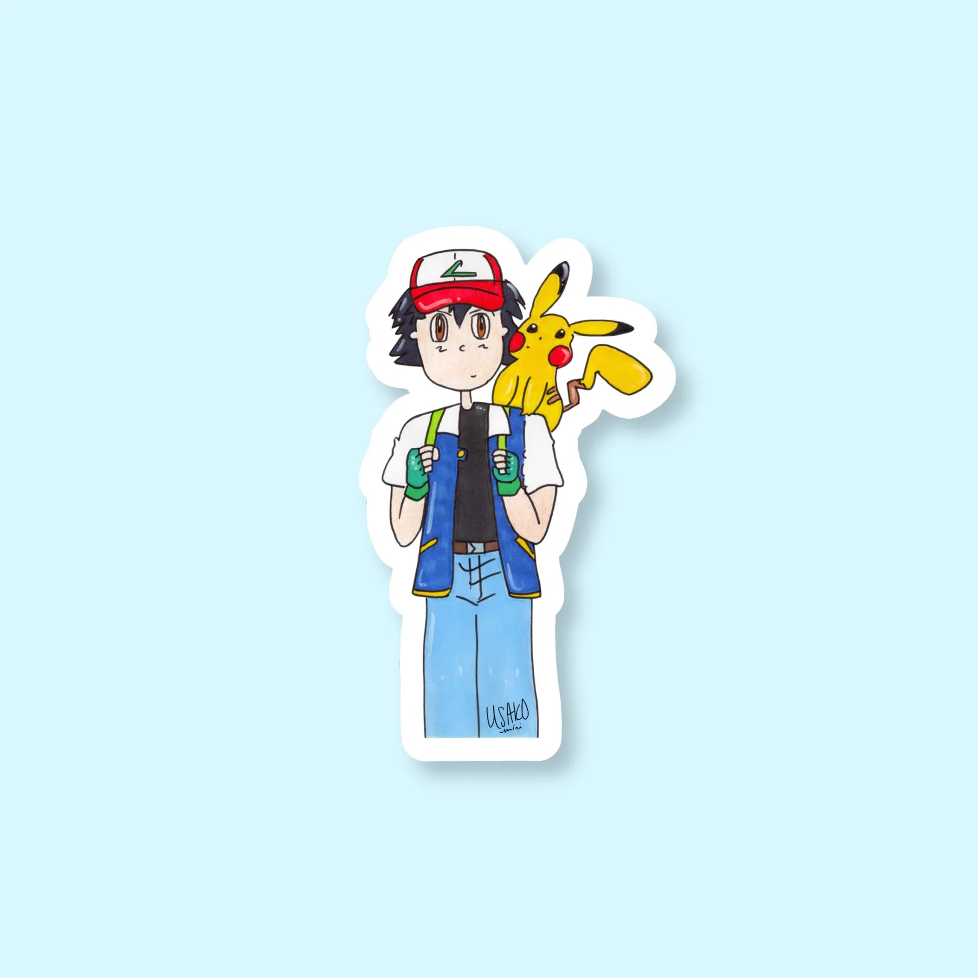Sticker of Ash Ketchum from Pokémon holding a yellow Pikachu on a light blue background