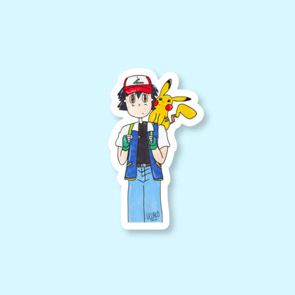 Sticker of Ash Ketchum from Pokémon holding a yellow Pikachu on a light blue background