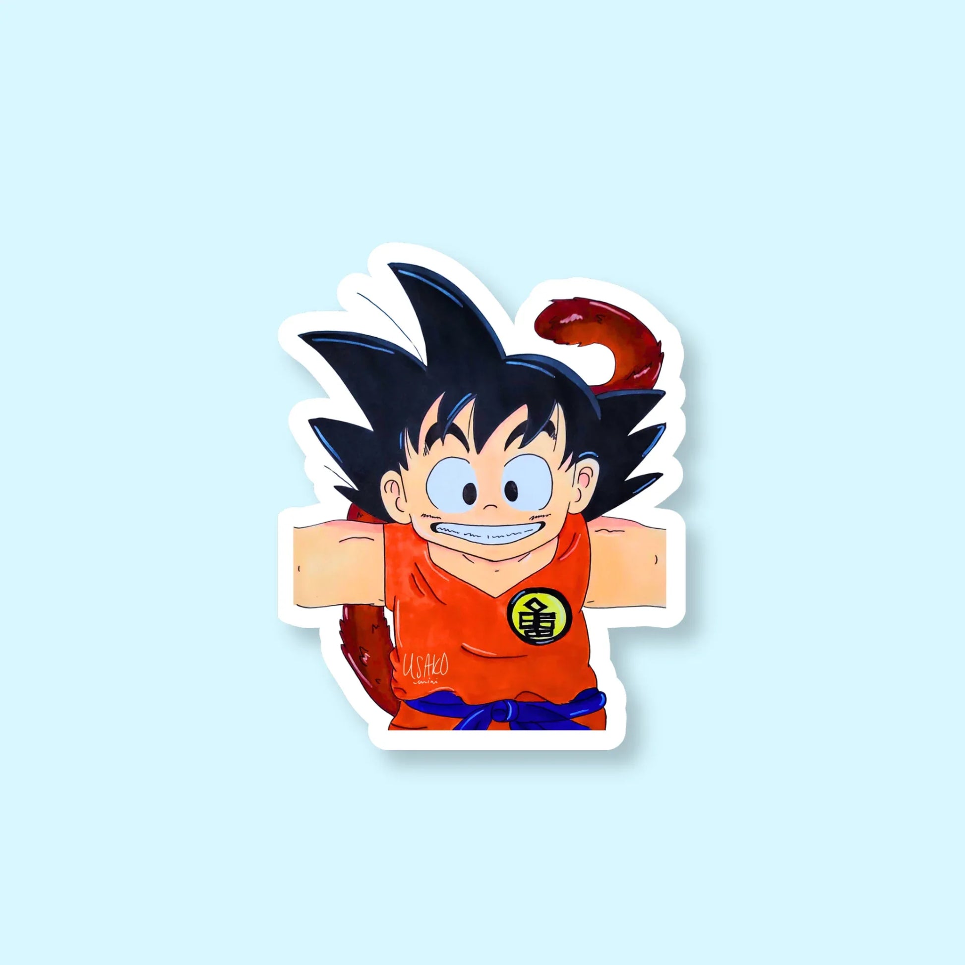 Goku from Dragon Ball in an orange outfit with a blue background