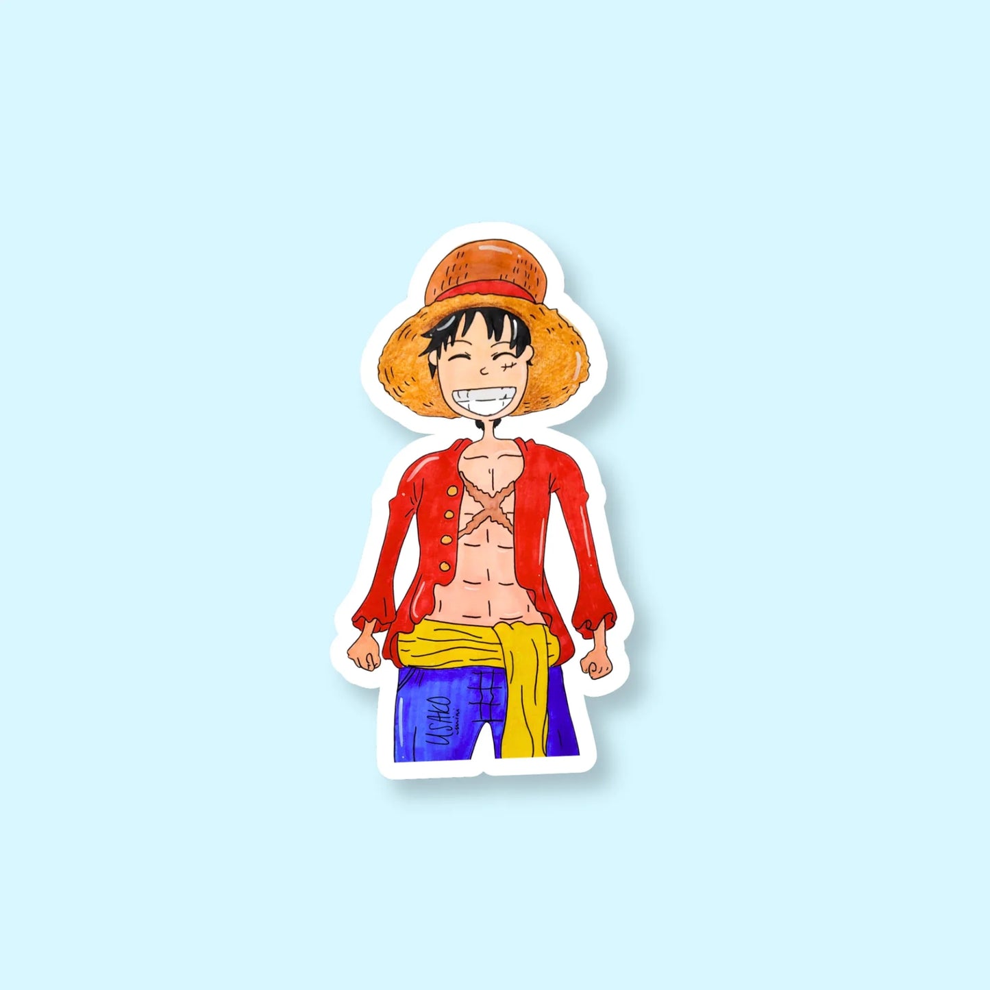 Sticker of Luffy D. Monkey from One Piece with a red jacket and straw hat on a light blue background