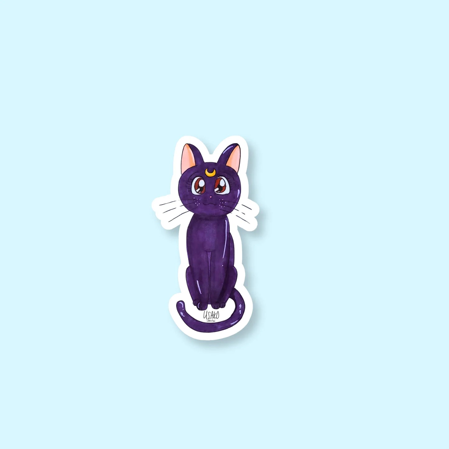 Sticker of Luna a purple cat with a blue background