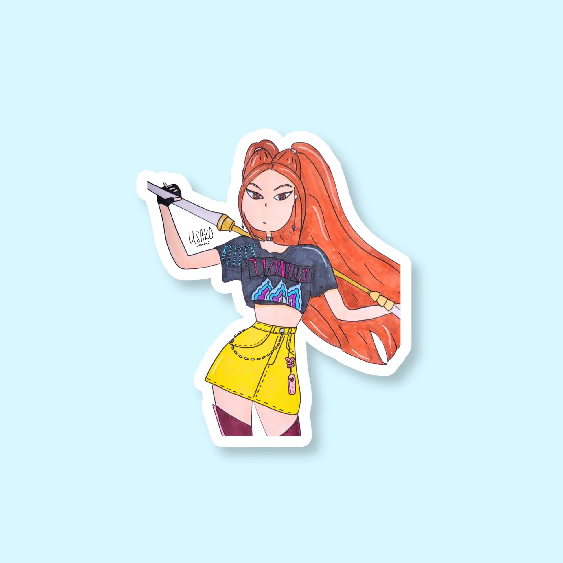 Sticker of Mira from K Pop Demon Hunters with red hair and a black top on a light blue background