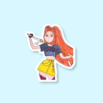Sticker of Mira from K Pop Demon Hunters with red hair and a black top on a light blue background