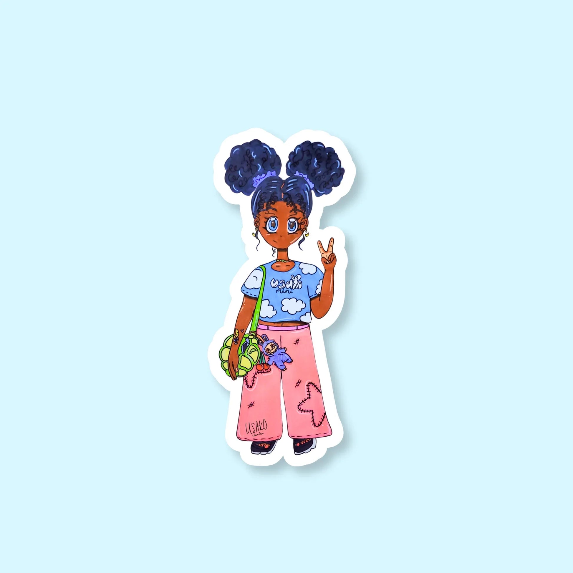 Sticker of Black girl anime with blue hair and pink pants on a light blue background