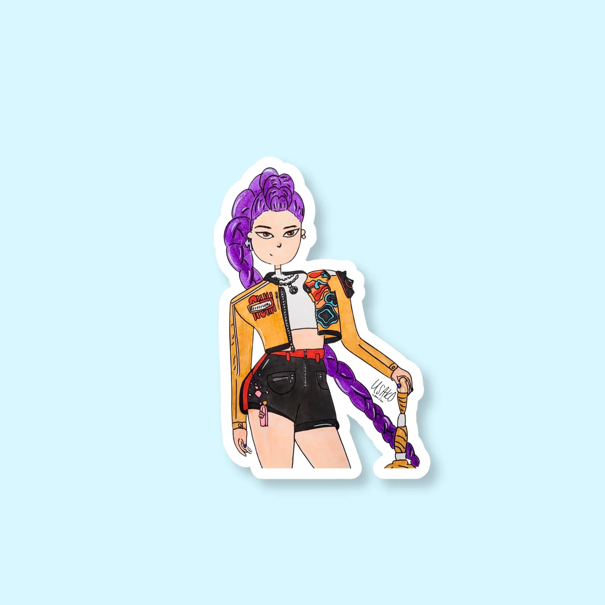 Sticker of Rumi from K Pop Demon Hunters with purple hair and colorful outfit on a light blue background