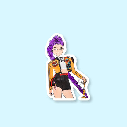 Sticker of Rumi from K Pop Demon Hunters with purple hair and colorful outfit on a light blue background