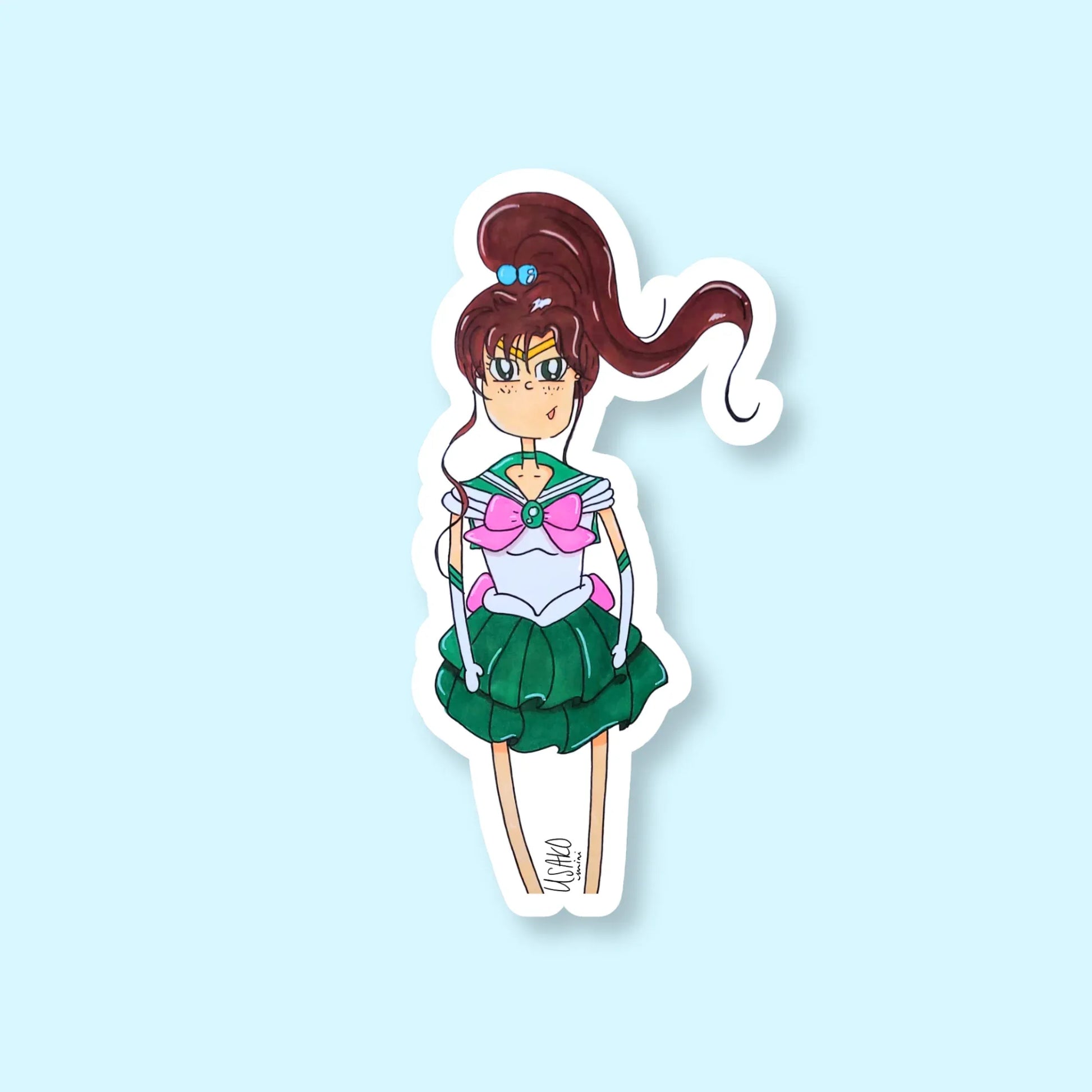 Sticker of Sailor Jupiter in a green outfit with a pink bow on a light blue background