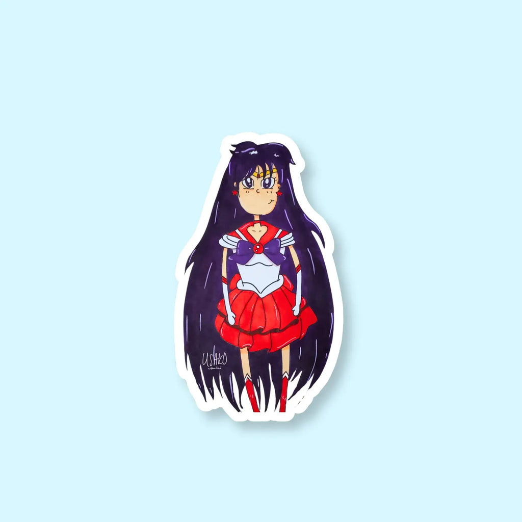 Sticker of Sailor Mars with long dark hair and a red outfit on a light blue background