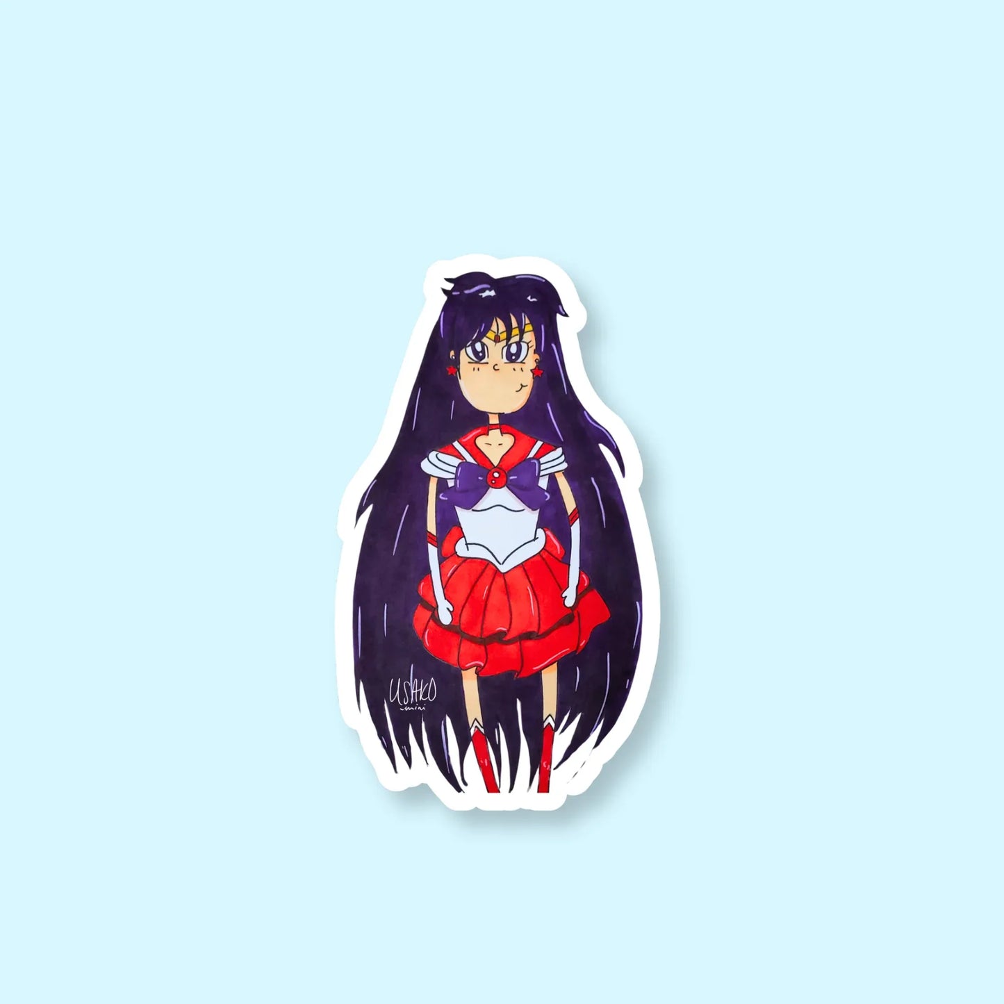 Sticker of Sailor Mars with long dark hair and a red outfit on a light blue background