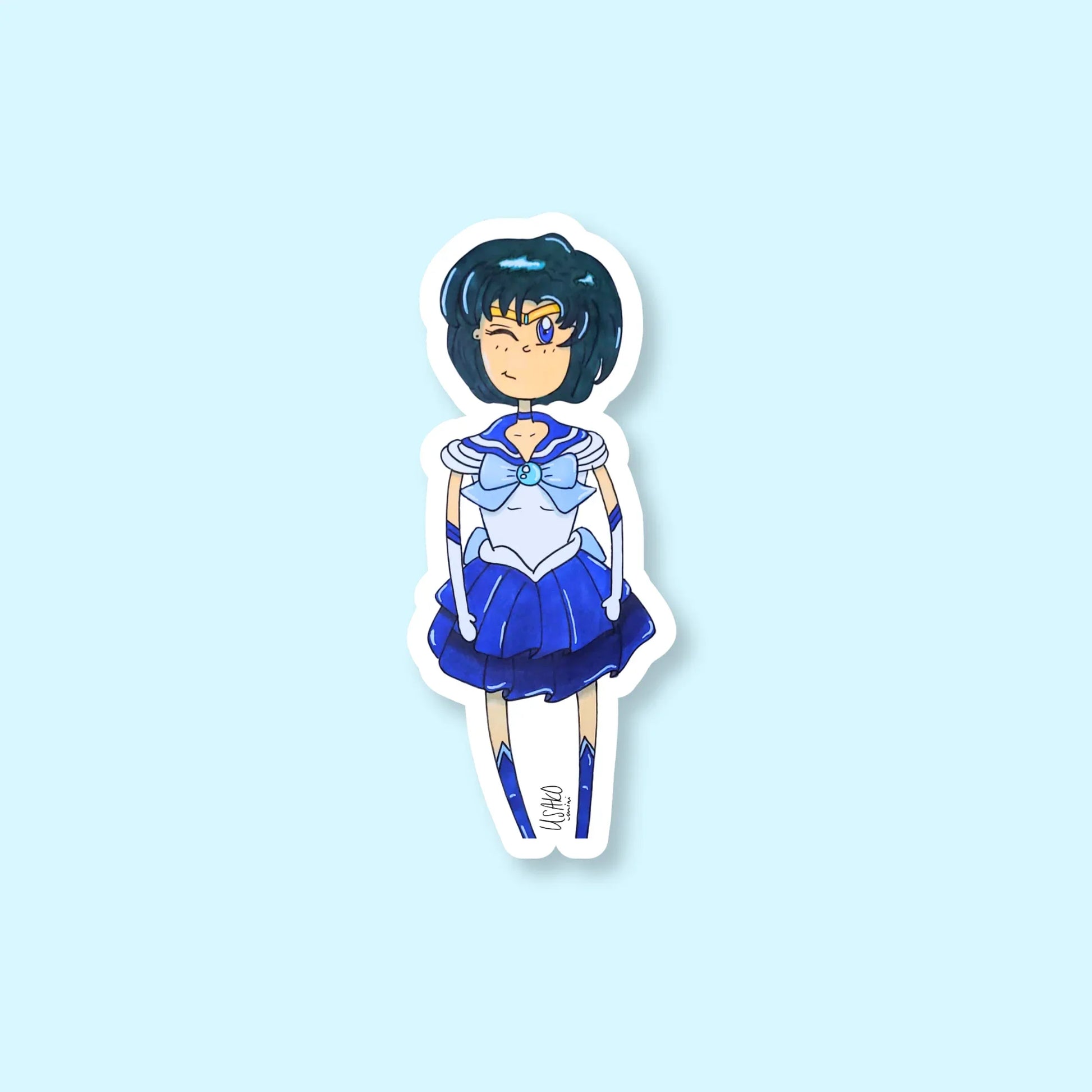 Sticker of a Sailor Mercury in a blue outfit with a white background