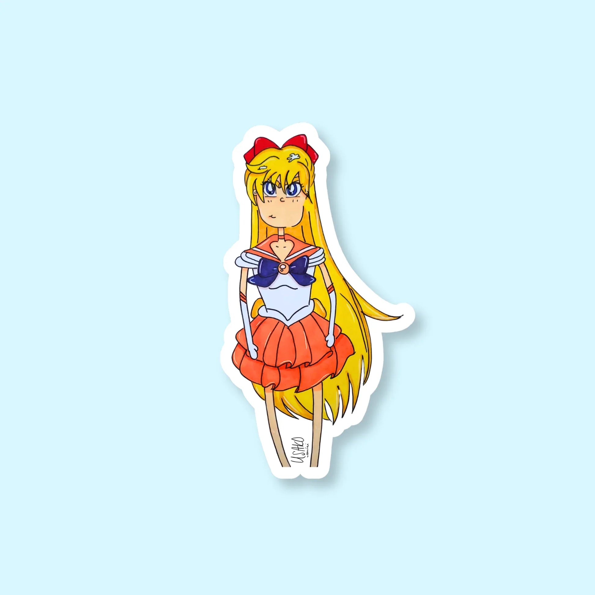 Sticker of an animated character of Sailor Venus with long yellow hair and a red headband on a light blue background