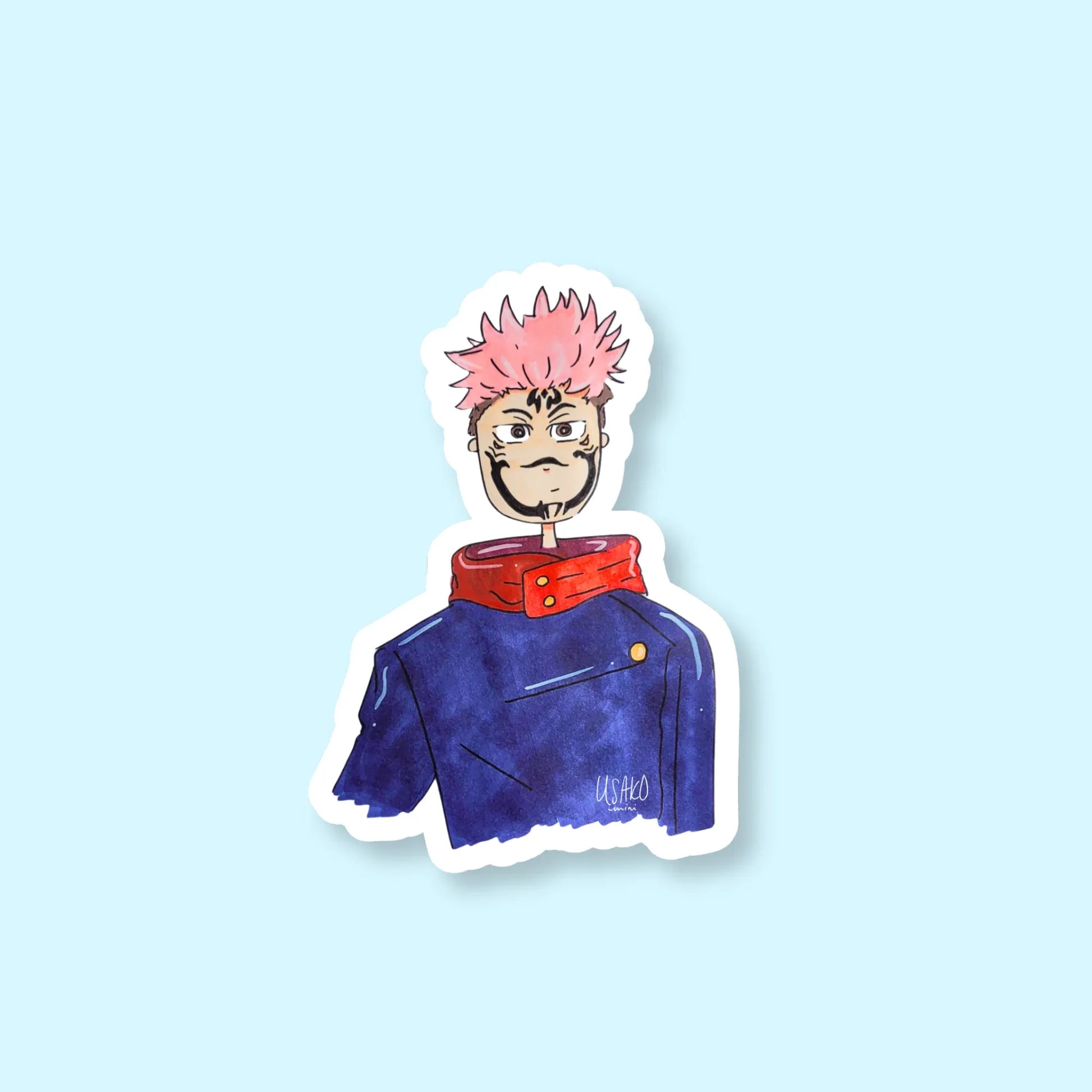 Sticker of Yuji from Jujustu Kaisen with pink hair and a blue jacket on a light blue background