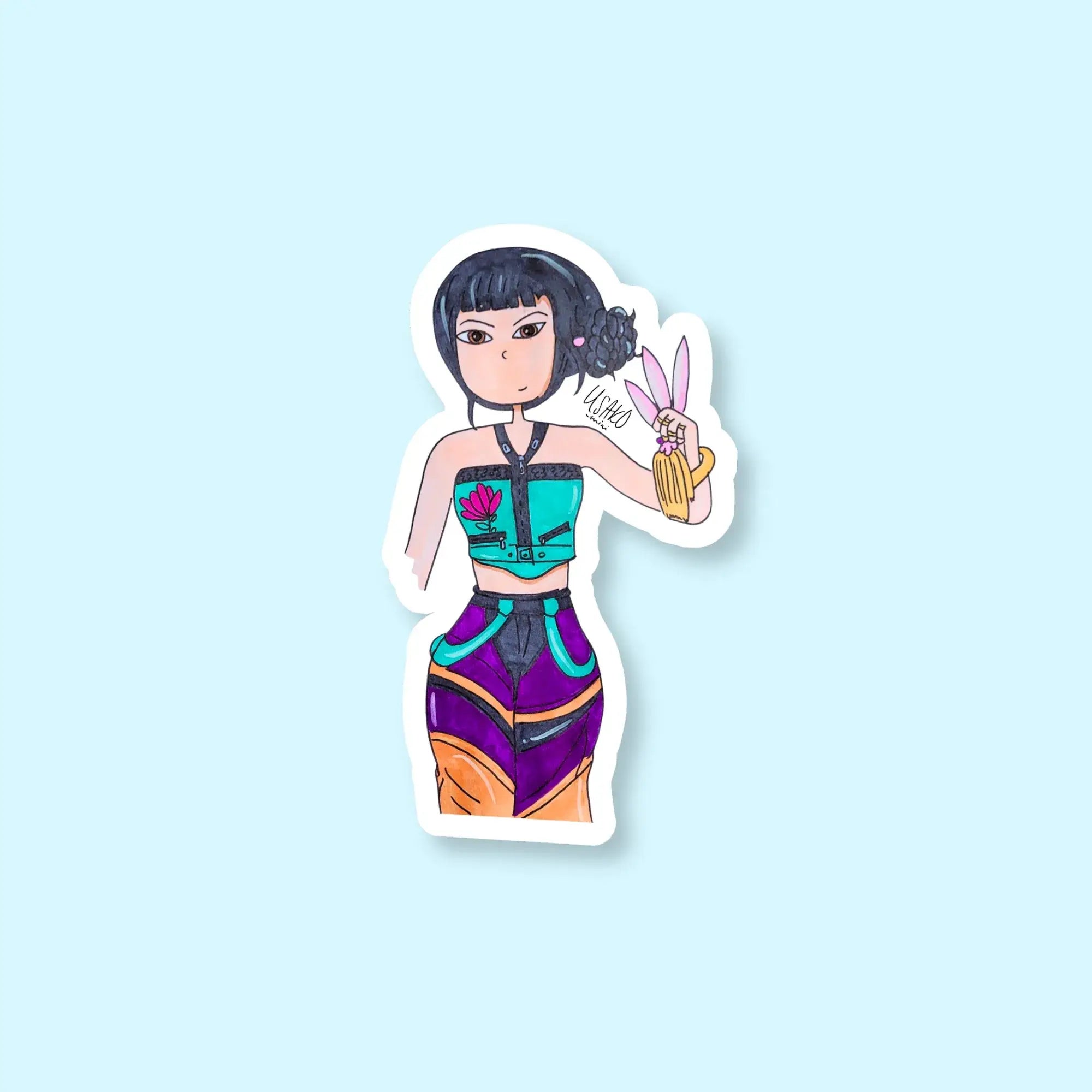 Colorful illustration of Zoey from K Pop Demon Hunters holding a bouquet on a light blue background