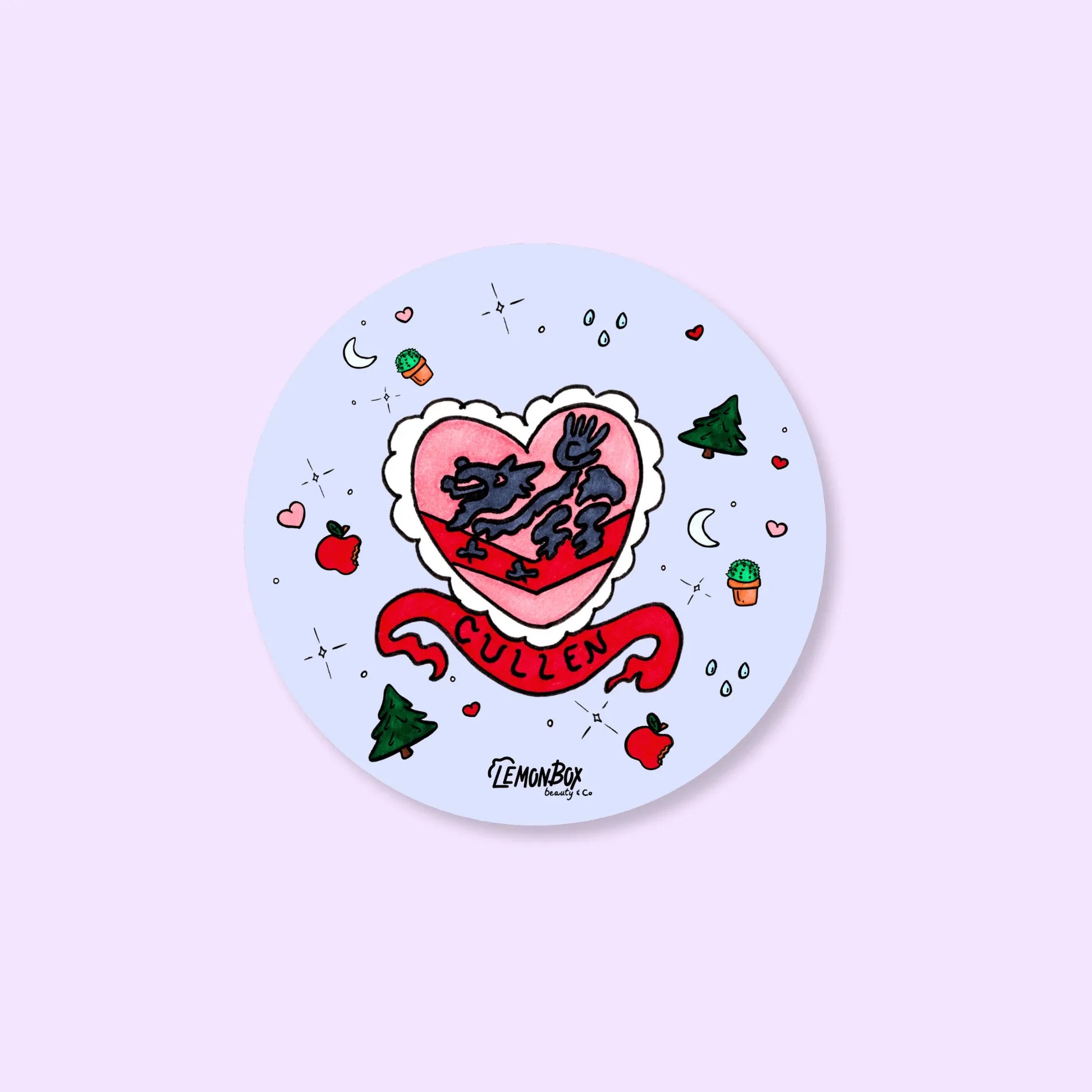 Circular sticker with heart design, cartoon characters, and 'LemonBox' branding on a light purple background.