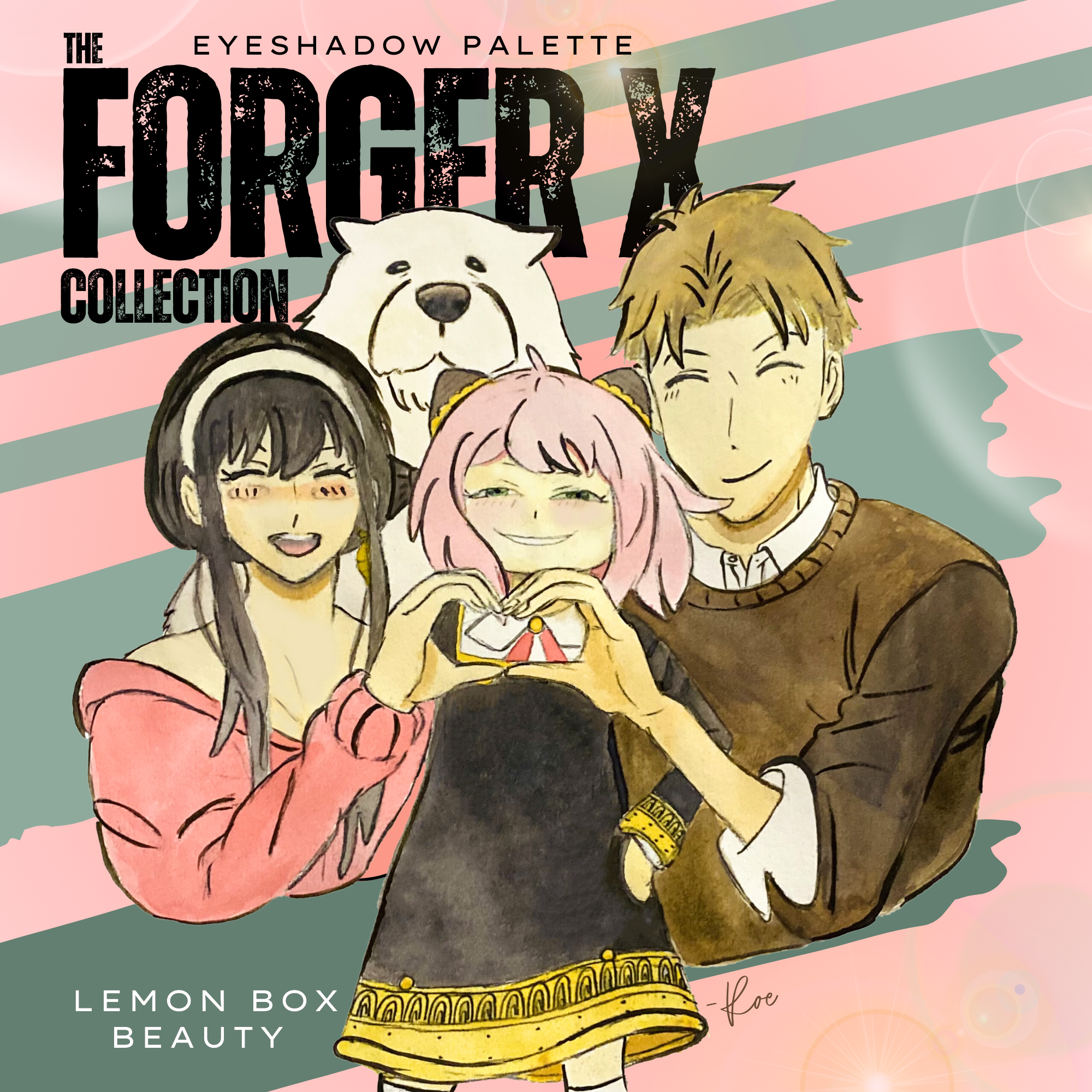 Eyeshadow palette packaging with illustrated characters and 'The Forger X Collection' text.
