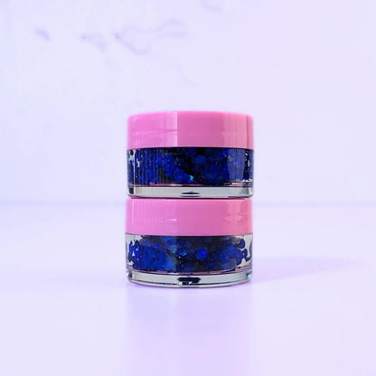 Lemon Box Beauty Blueberry Pop Glitter Jelli - deep cobalt blue chunky body glitter in a clear jar with a texture swatch on a pink spatula.