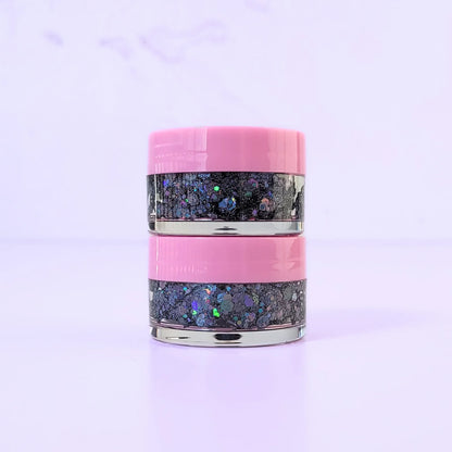 Lemon Box Beauty Disco Dream Glitter Jelli - holographic black and multi-colored chunky body glitter in a clear jar with a texture swatch on a pink spatula.