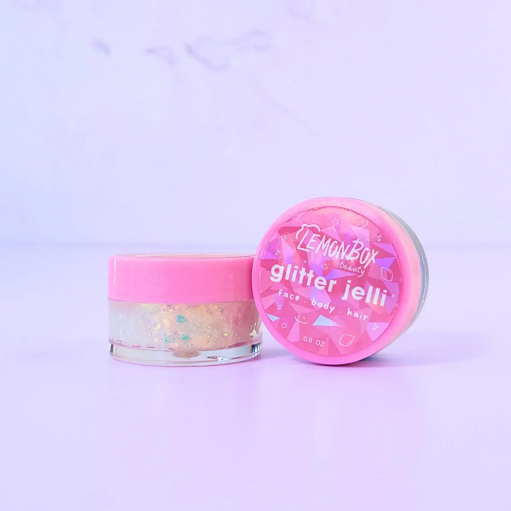 Lemon Box Beauty Frosted Glitter Jelli - iridescent white and silver chunky body glitter in a clear jar with a texture 