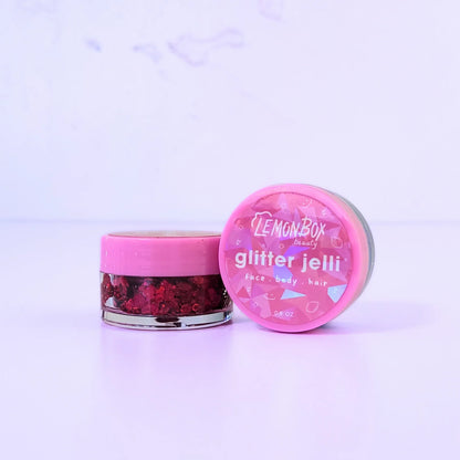 Lemon Box Beauty Jellyheart Glitter Jelli - vibrant ruby red chunky body glitter in a clear jar with a texture 