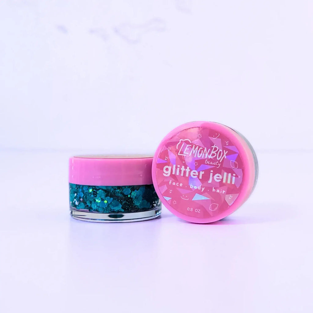 Lemon Box Beauty Mermaid Tails Glitter Jelli - vibrant teal and aquamarine chunky body glitter in a clear jar with a texture 