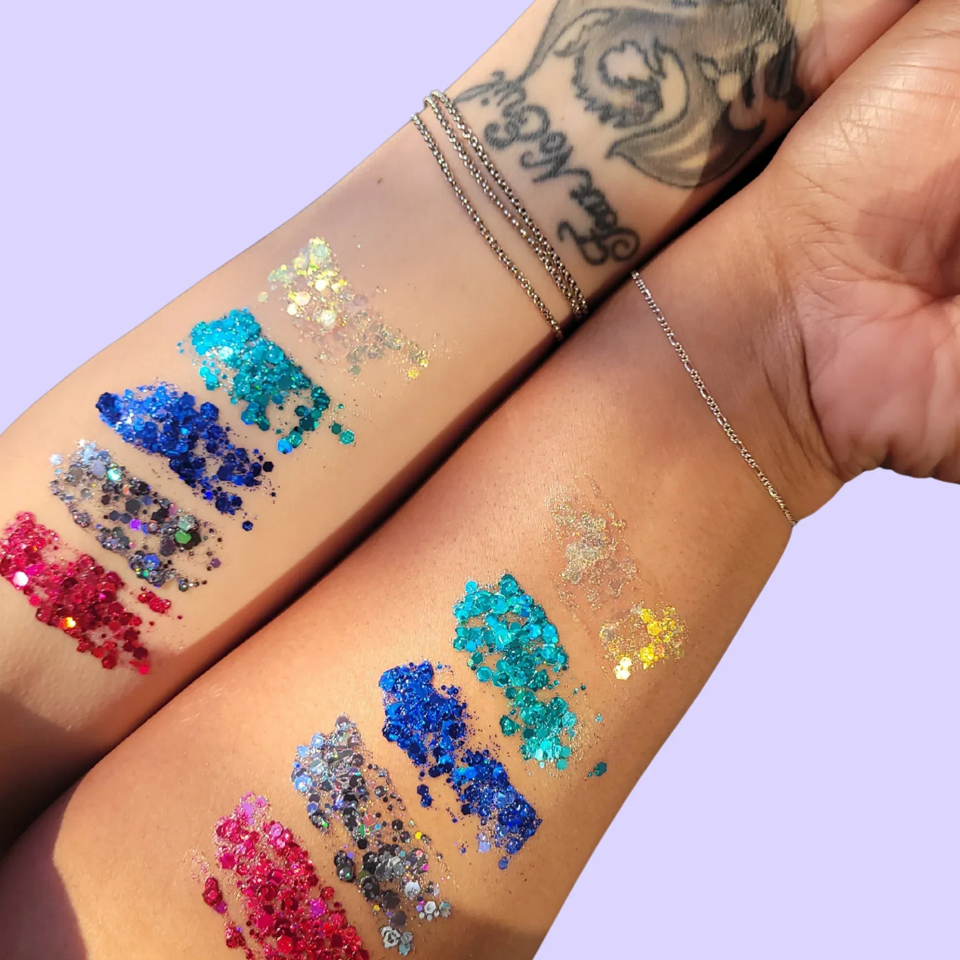 Lemon Box Beauty collection of four Glitter Jelli swatches—shades Jellyheart, Disco Dream, Mermaid Tails, and Frosted—showing chunky holographic and iridescent body glitter finishes.