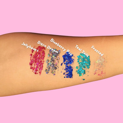 Lemon Box Beauty collection of four Glitter Jelli swatches—shades Jellyheart, Disco Dream, Mermaid Tails, and Frosted—showing chunky holographic and iridescent body glitter finishes.