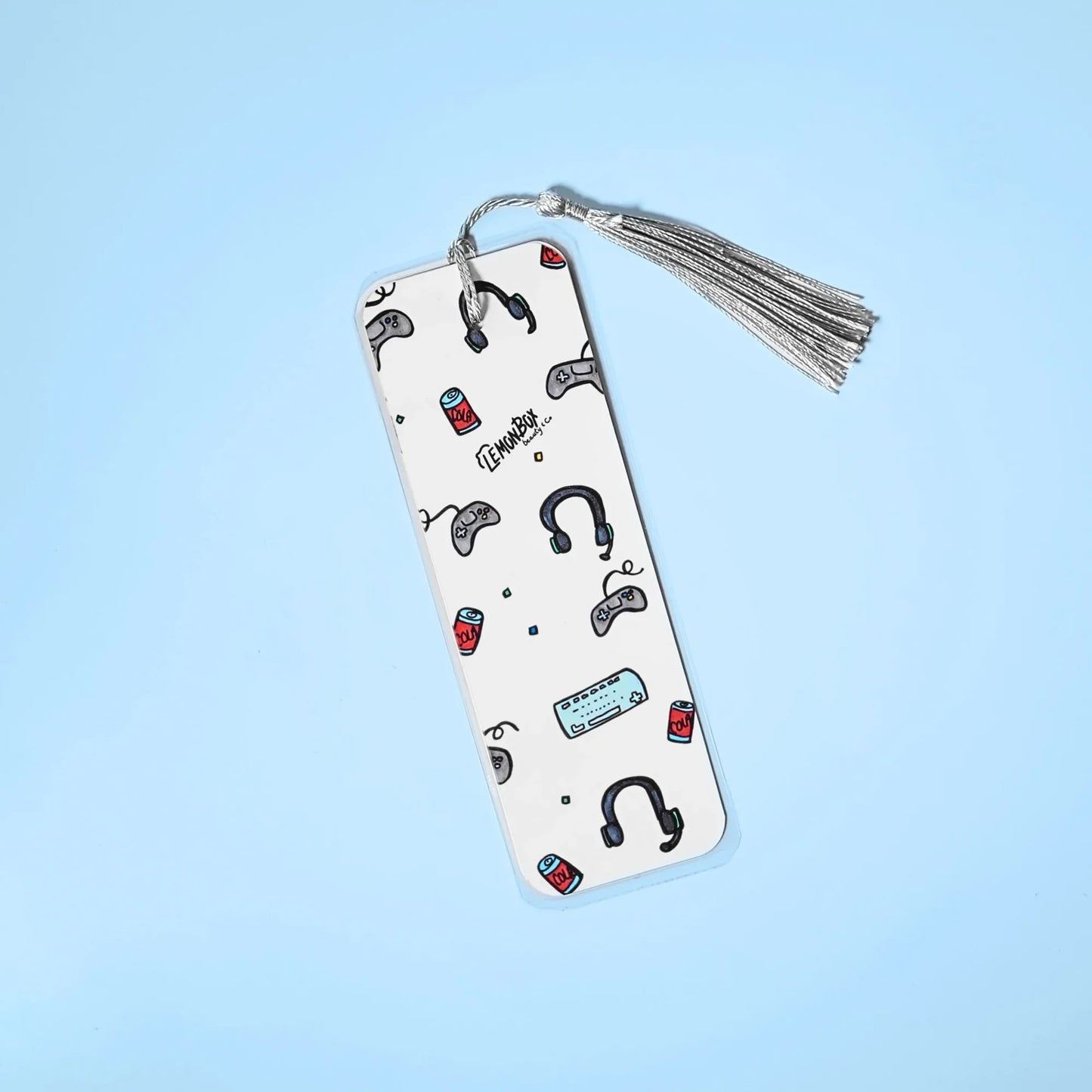 White bookmark with Gamer themed design on a light blue background