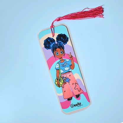 Bookmark with a Black Girl Anime Character on a light blue background