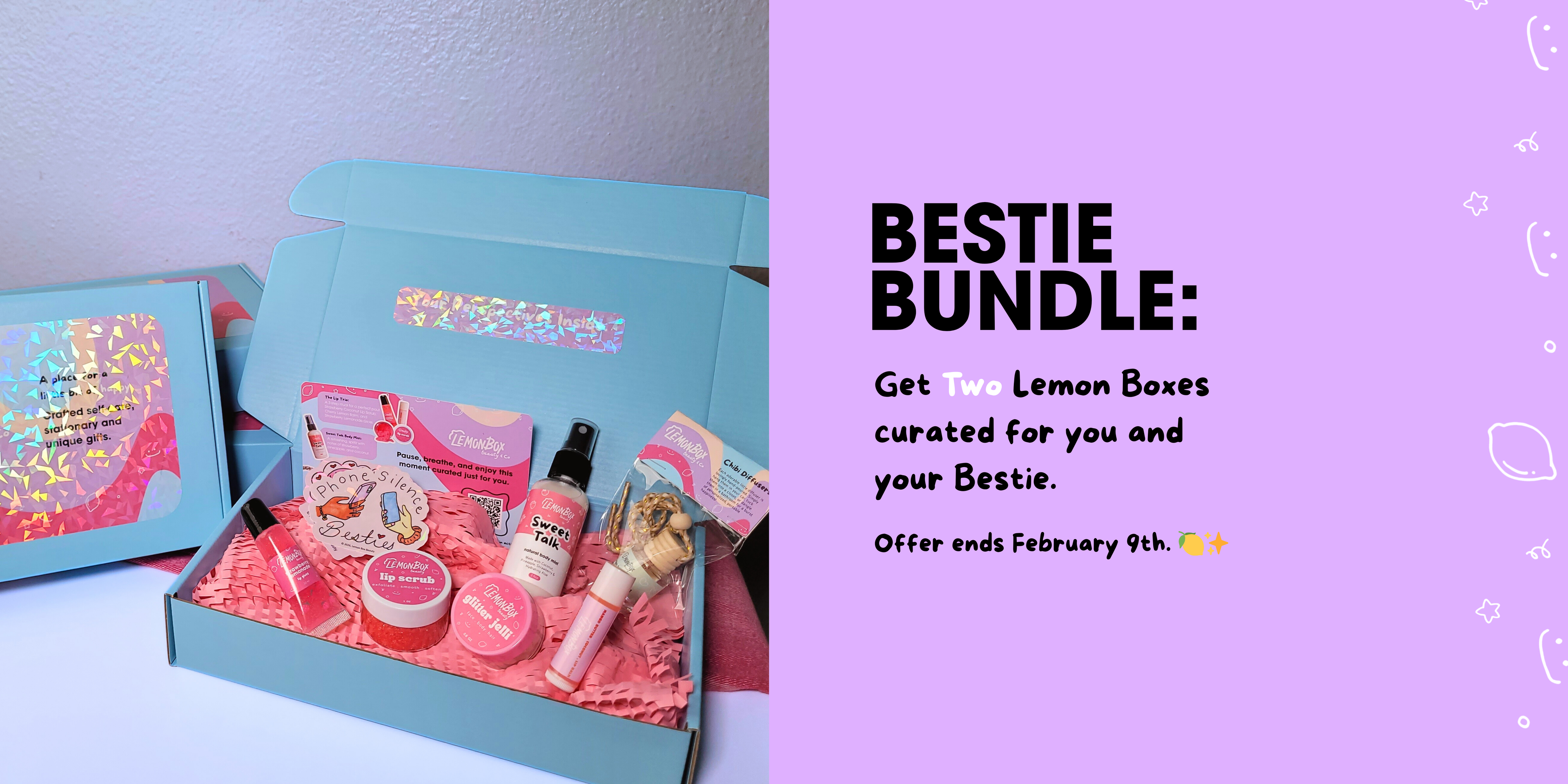 Product bundle with promotional text on a purple background