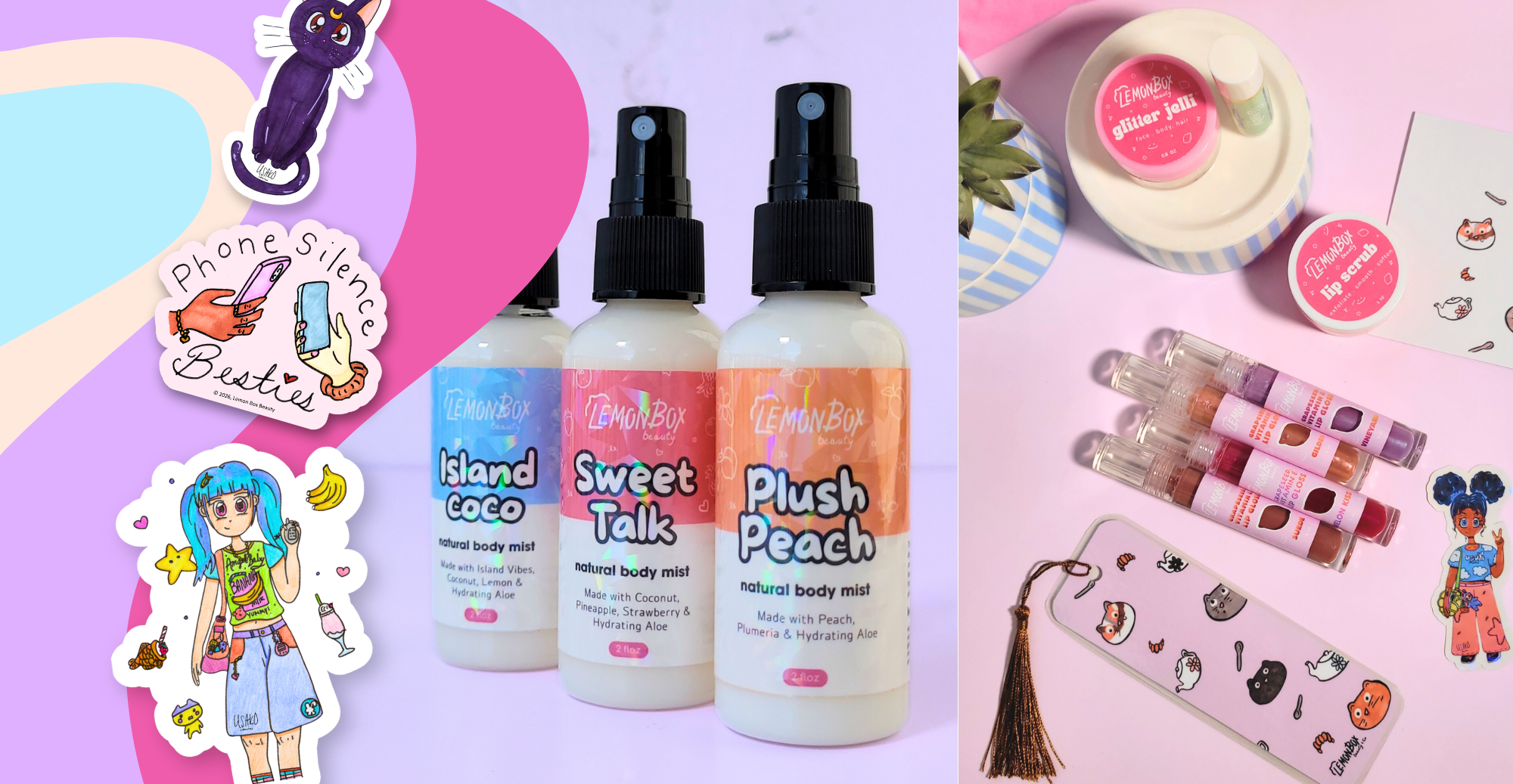 Three spray bottles labeled 'Island Coco', 'Sweet Talk', and 'Plush Peach' on a pink background with stickers and a small toy.