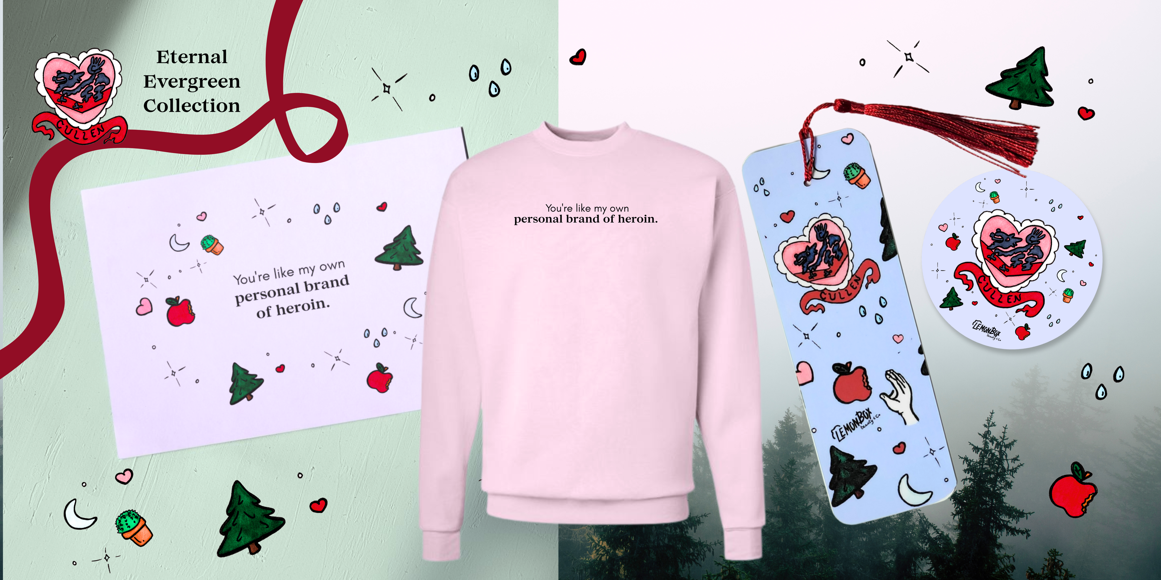 Pink sweatshirt with text, cards, and decorative items on a green background