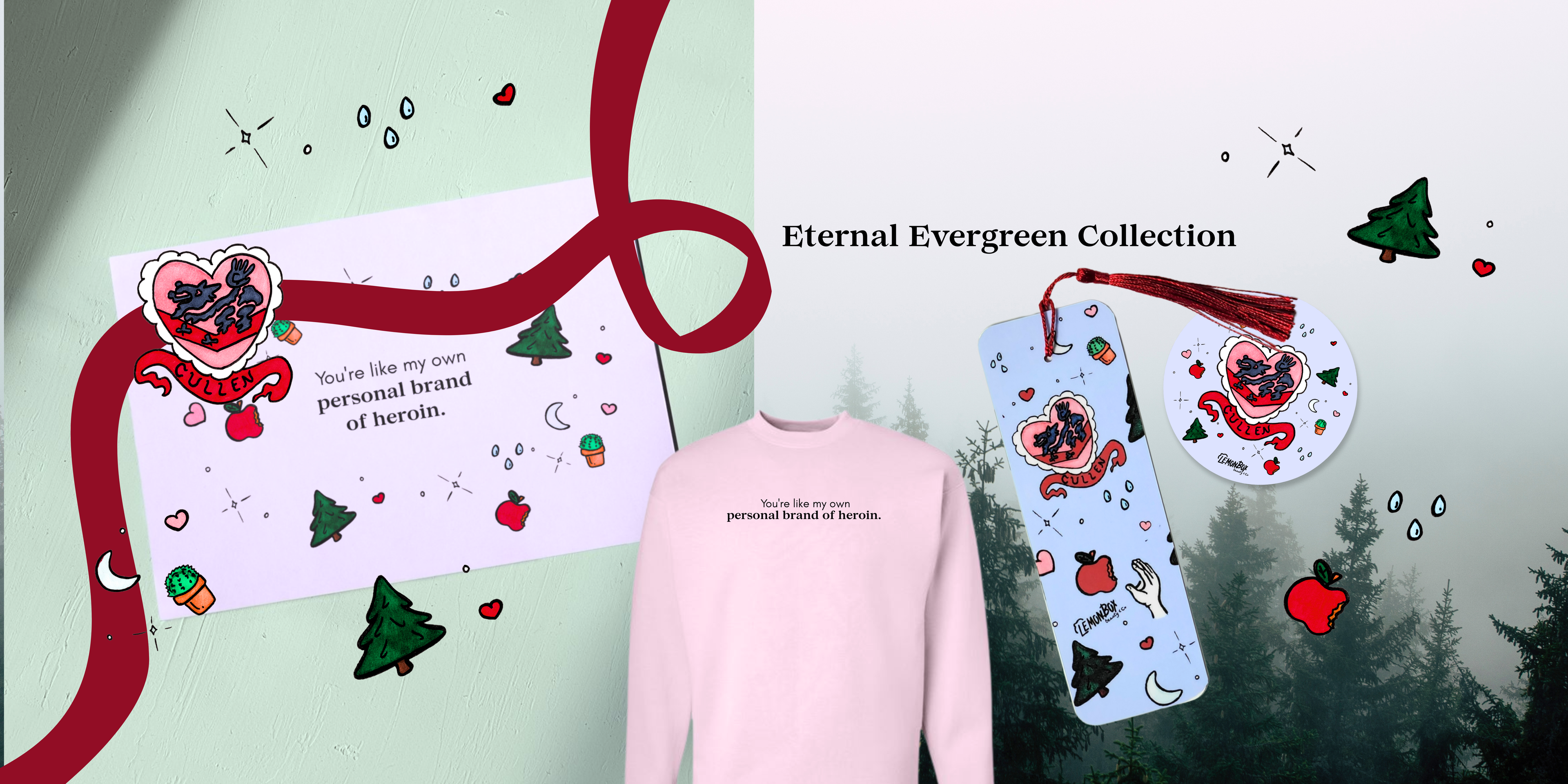 Pink sweatshirt with text, snowboard with designs, and decorative paper with text on a green background.