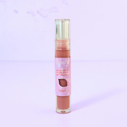 Lemon Box Beauty Grapeseed Vitamin E Lip Gloss in shade Suede - creamy neutral mauve-nude hydrating lip oil in a clear tube against a lavender background.