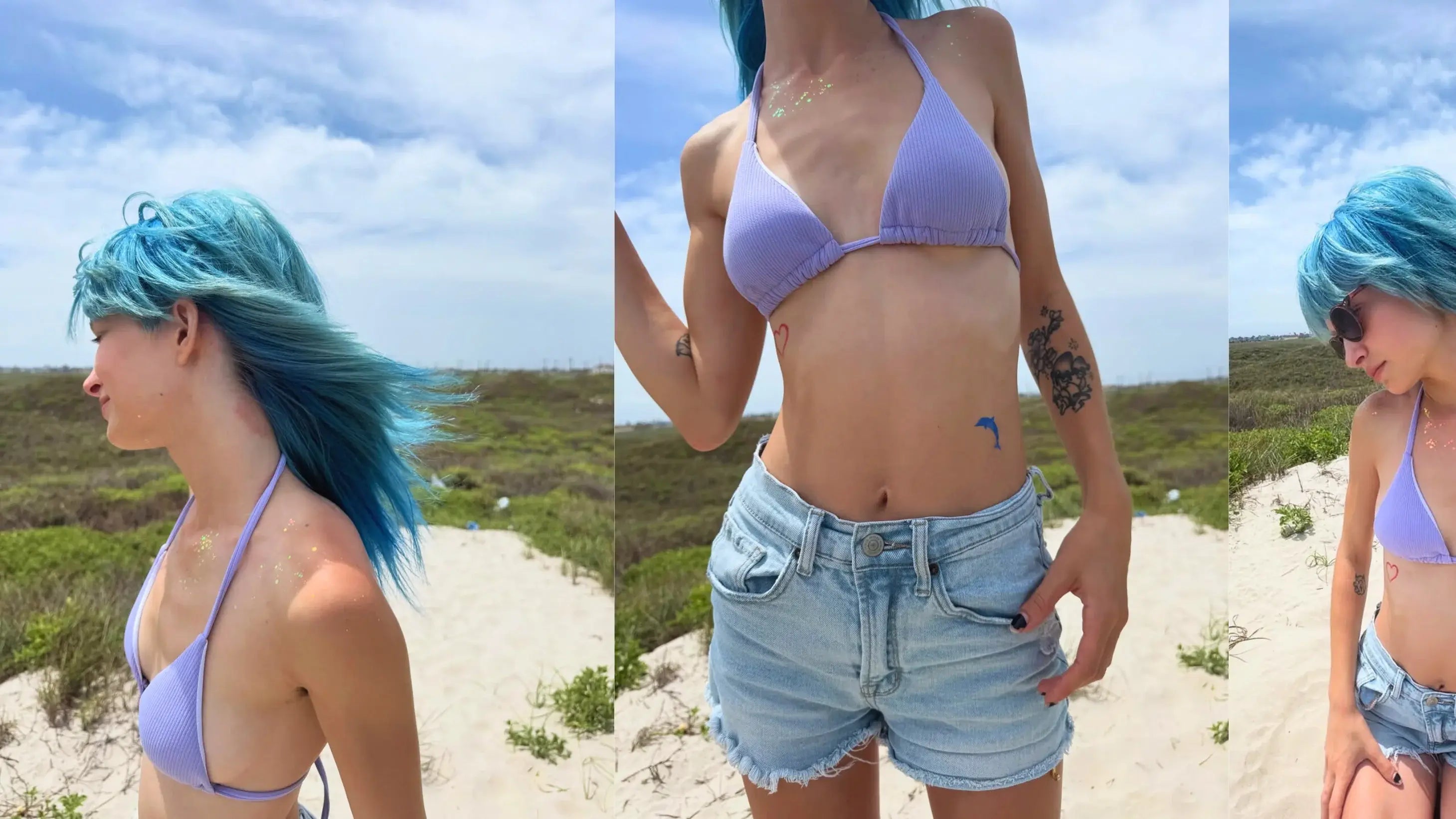 Woman with blue hair wearing a purple bikini top and denim shorts in a natural setting wearing glitter jelly makeup