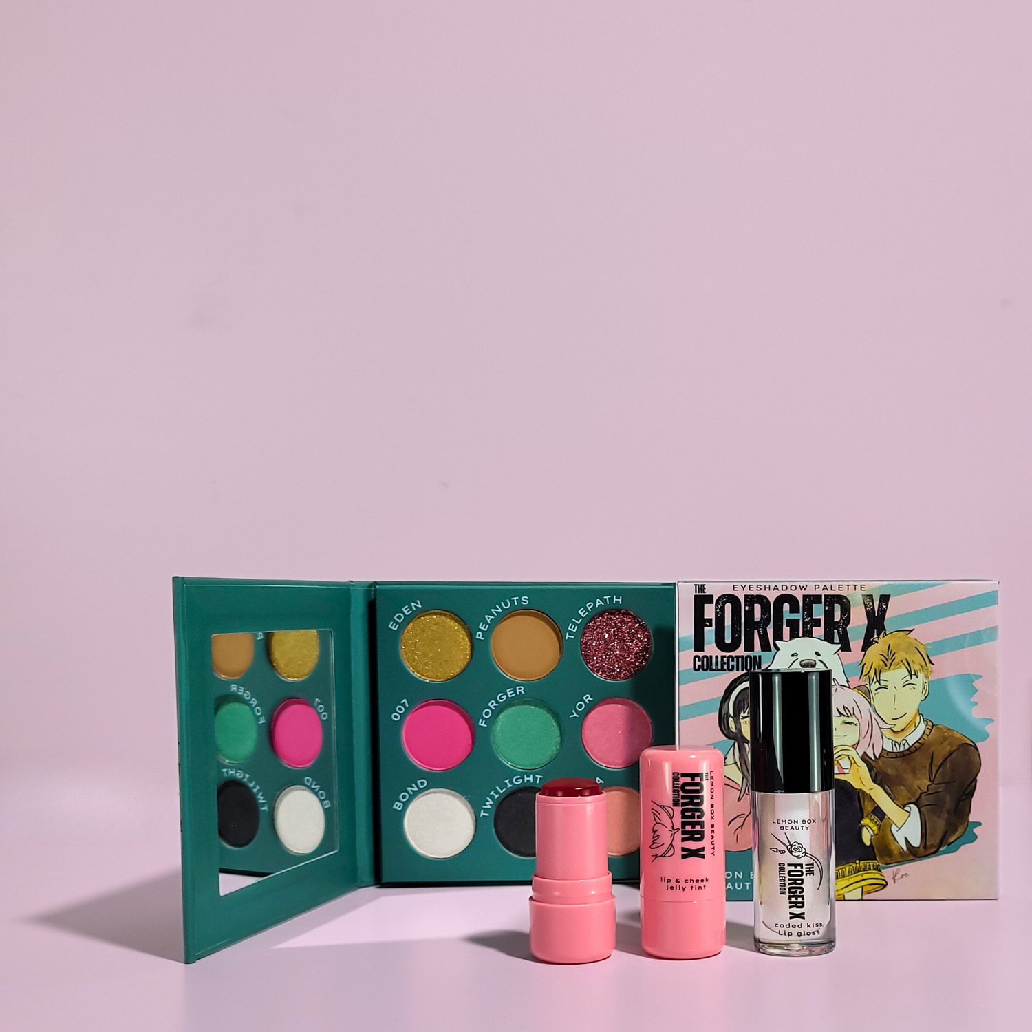 Makeup products including an eyeshadow palette, lip gloss, and serum on a pink background